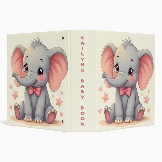 Cute Baby Elephant Pink Bow Baby Book 3 Ring Binder (Background)
