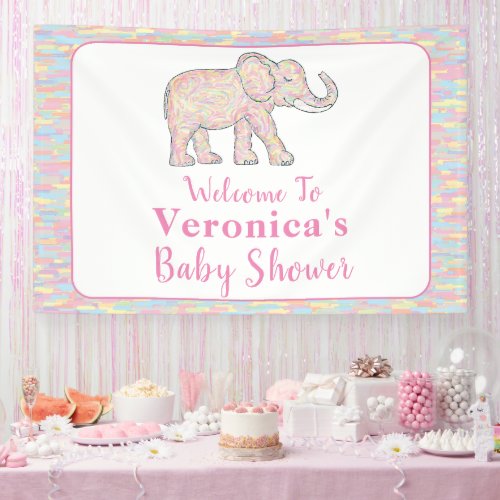 Cute Baby Elephant Pink Brushstrokes Customizable Banner