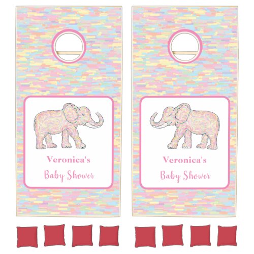 Cute Baby Elephant Pink Brushstrokes Customizable Cornhole Set