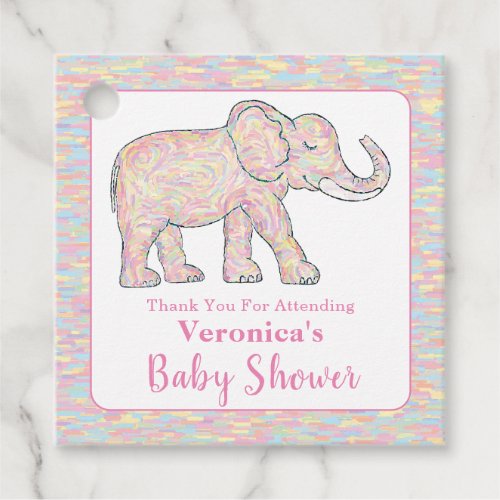 Cute Baby Elephant Pink Brushstrokes Customizable Favor Tags