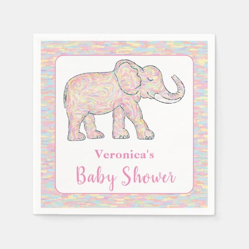Cute Baby Elephant Pink Brushstrokes Customizable Napkins