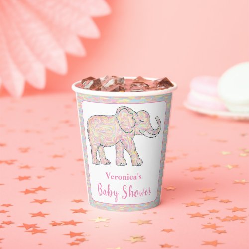Cute Baby Elephant Pink Brushstrokes Customizable Paper Cups