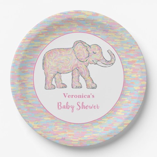 Cute Baby Elephant Pink Brushstrokes Customizable Paper Plates