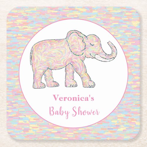 Cute Baby Elephant Pink Brushstrokes Customizable Square Paper Coaster