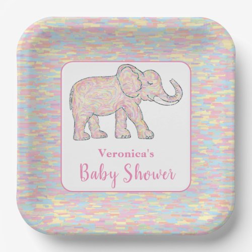 Cute Baby Elephant Pink Brushstrokes Paper Plates