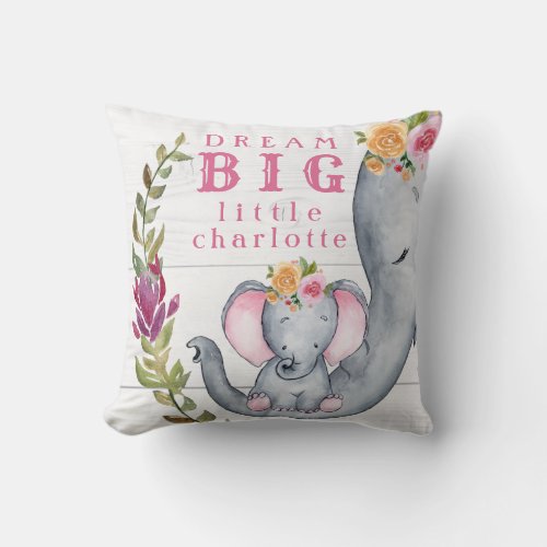 Cute Baby Elephant Pink Dream Big Own Name Throw Pillow