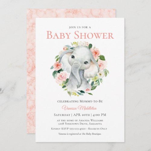 Cute Baby Elephant Pink Floral Baby Shower Invitation