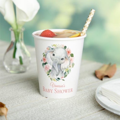 Cute Baby Elephant Pink Floral Baby Shower Paper Cups