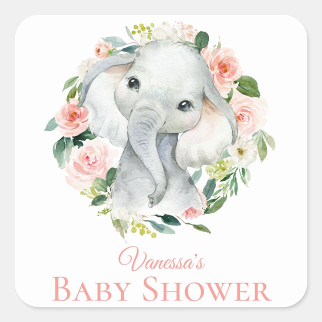Cute Baby Elephant Pink Floral Baby Shower Square Sticker (Front)