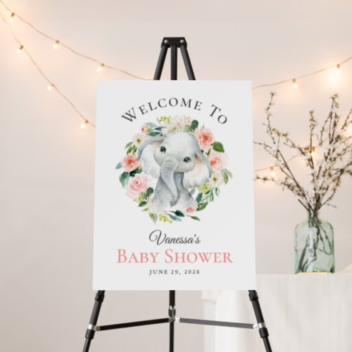 Cute Baby Elephant Pink Floral Baby Shower Welcome Foam Board