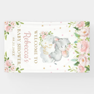 Cute Baby Elephant Pink Floral Backdrop Welcome Banner