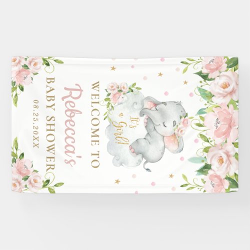 Cute Baby Elephant Pink Floral Backdrop Welcome Banner