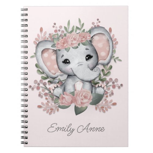 Cute Baby Elephant Pink Floral Childs Name  Notebook