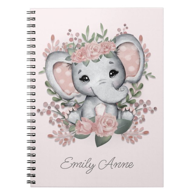 Cute Baby Elephant Pink Floral Child's Name  Notebook (Front)