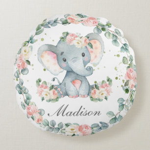 Cute Baby Elephant Pink Floral Greenery Nursery Round Pillow