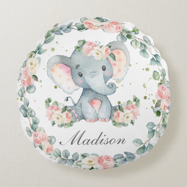 Cute Baby Elephant Pink Floral Greenery Nursery Round Pillow (Front)