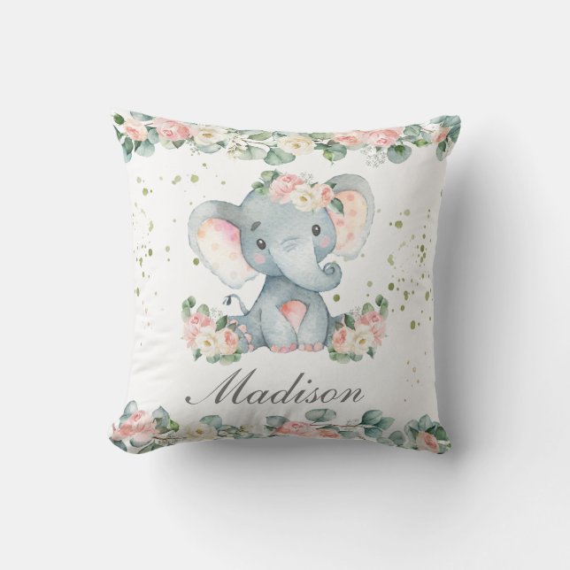 Cute Baby Elephant Pink Floral Greenery Nursery Throw Pillow (Front)