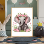 Cute Baby Elephant Pink Flowers Nursery Poster