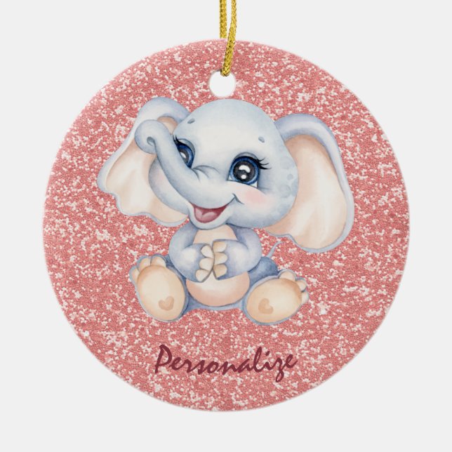 Cute Baby Elephant Pink Glitter Personalize Ceramic Ornament (Front)