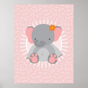 Cute Baby Elephant Pink Gray Poster