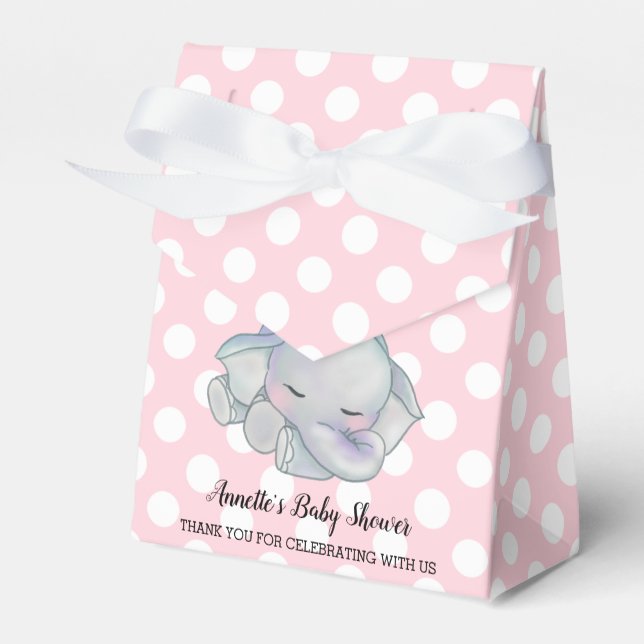 Cute Baby Elephant Pink Polka Dots Baby Shower Favor Boxes (Front Side)