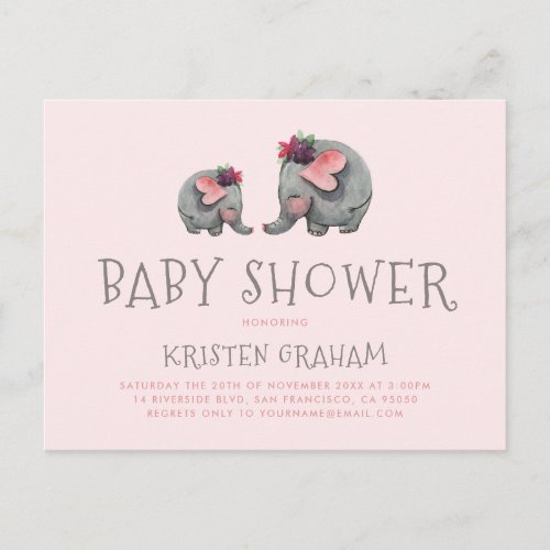 Cute Baby Elephant  Pink Watercolor Baby Shower Invitation Postcard