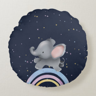 Cute Baby Elephant Playing On A Colorful Rainbow Round Pillow
