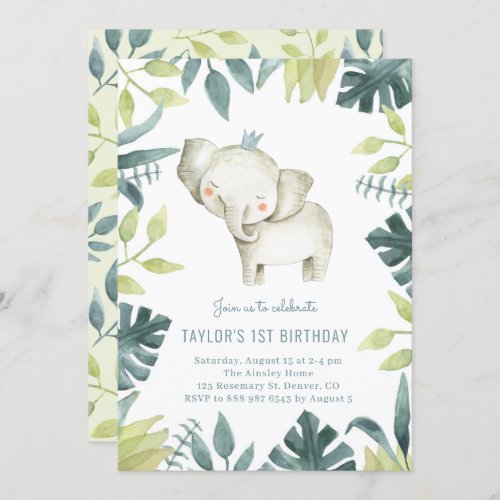 Cute Baby Elephant Prince Tropical Jungle Birthday Invitation