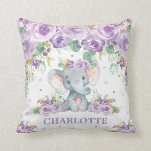Cute Baby Elephant Purple Floral Girl Nursery Throw Pillow