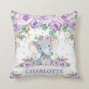 Cute Baby Elephant Purple Floral Girl Nursery Throw Pillow