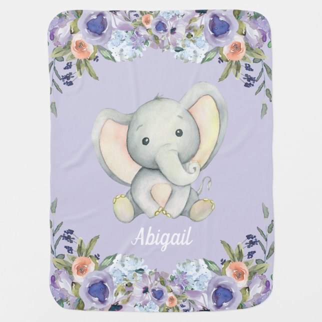 Cute Baby Elephant Purple Peach Flowers Polka Dot Baby Blanket (Front)