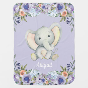 Cute Baby Elephant Purple Peach Flowers Polka Dot Blanket