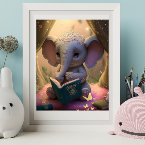 Cute Baby Elephant reading a book Art Nursery Poster