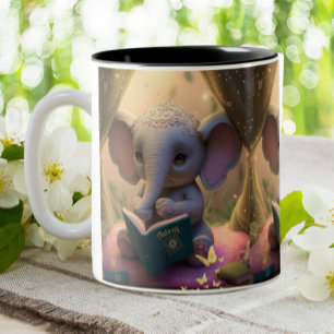 Cute Baby Elephant reading a book Personalized Two-Tone Coffee Mug