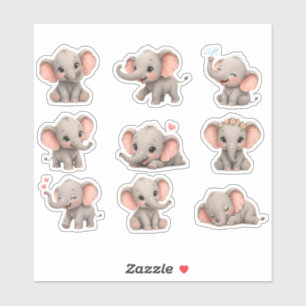 Cute Baby Elephant Safari Floral Pink Hearts Sticker