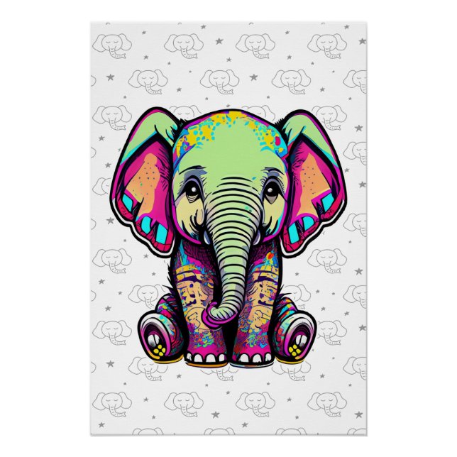 Cute Baby Elephant sitting digital illustration Poster (Front)