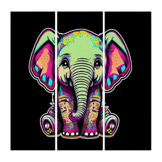 Cute Baby Elephant sitting digital illustration Triptych