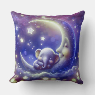 Cute Baby Elephant Sleeping on a Moon Throw Pillow