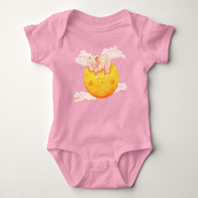 Cute Baby Elephant Sleeping On the Moon  Baby Bodysuit (Front)