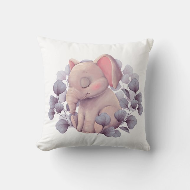 Cute Baby Elephant Sleeping with Leaves Throw Pillow (Front)