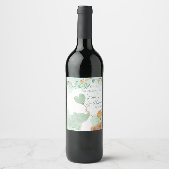  Cute Baby Elephant Themed Baby Shower Thank You Wine Label (Front)