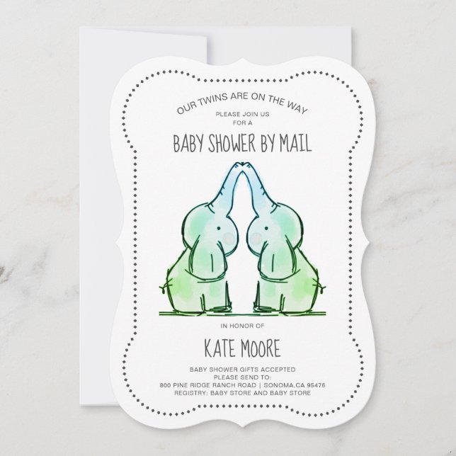 Cute Baby Elephant Twins Baby Shower by Mail Invitation (Front)