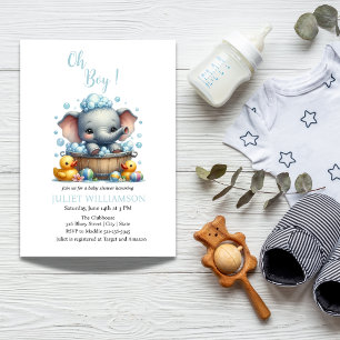 Cute Baby Elephant Watercolor Bubbles Baby Shower Invitation