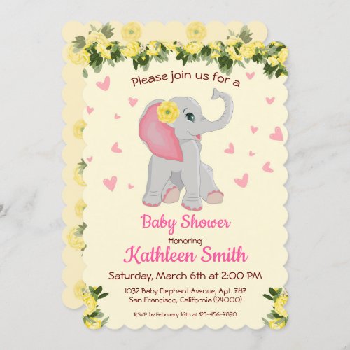 Cute Baby Elephant Watercolor Floral Baby Shower Invitation