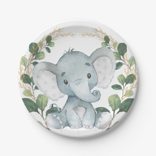 Cute Baby Elephant Watercolor Greenery Gold Party Paper Plates