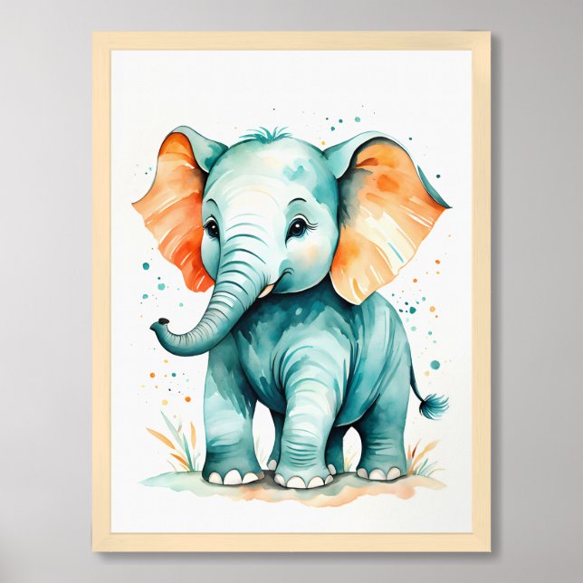 Cute Baby Elephant Watercolor Nursery Framed Art (Framed Front)