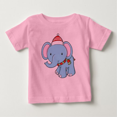 Cute Baby Elephant Wearing Santa Hat  Scarf Baby T_Shirt