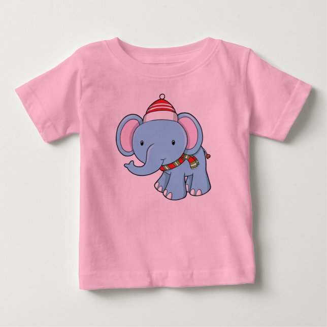Cute Baby Elephant Wearing Santa Hat & Scarf Baby T-Shirt (Front)