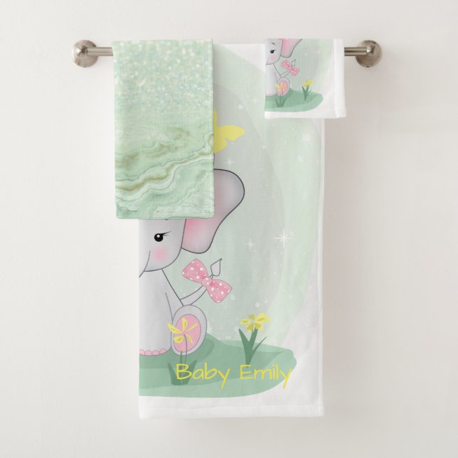  Cute baby elephant with a pink bow in a clearing  Bath Towel Set (Insitu)