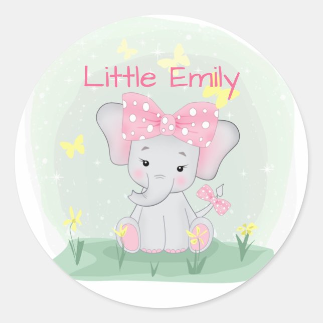  Cute baby elephant with a pink bow in a clearing  Classic Round Sticker (Front)